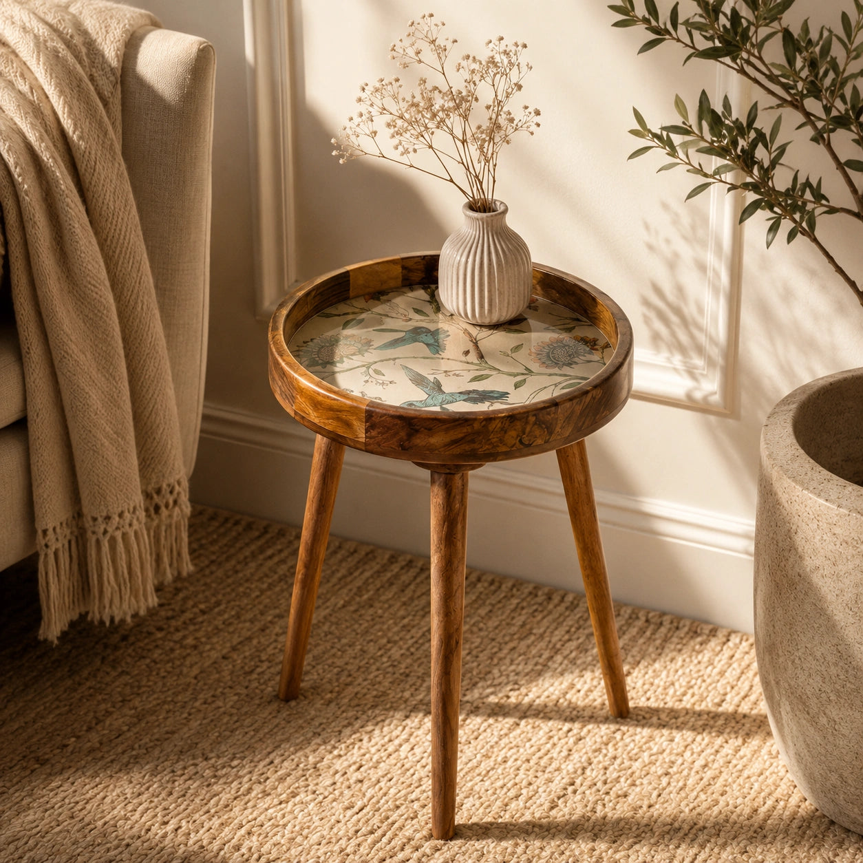 Mango Wood Round Side Table In Birdflowe for Living Room
