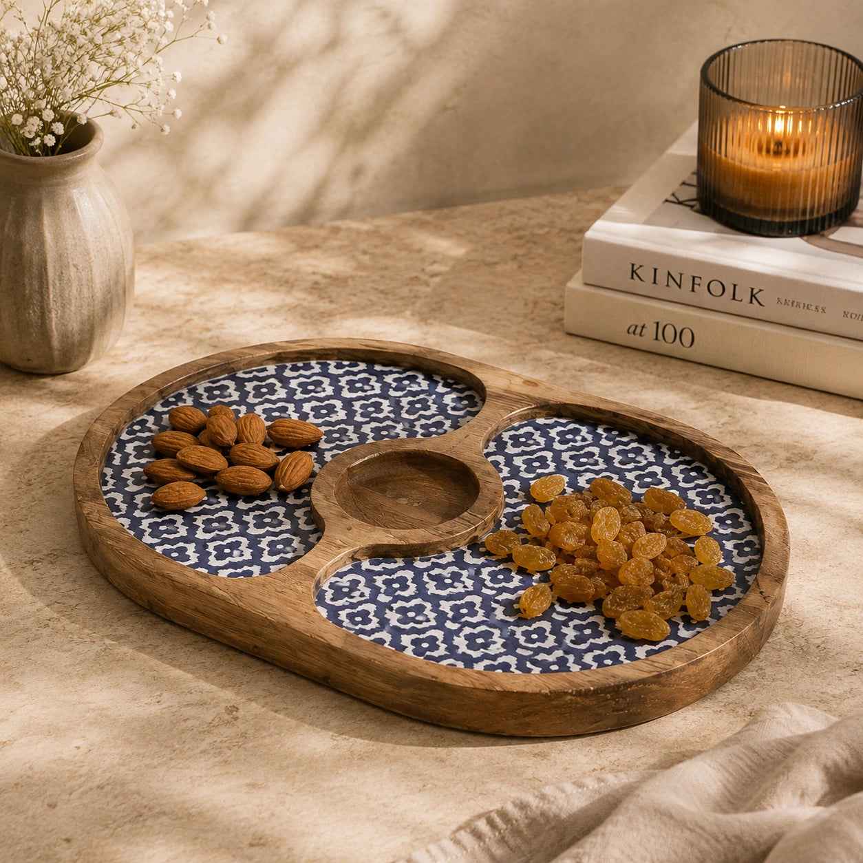 Mango Wood Snack Serving Tray with Dip Bowl