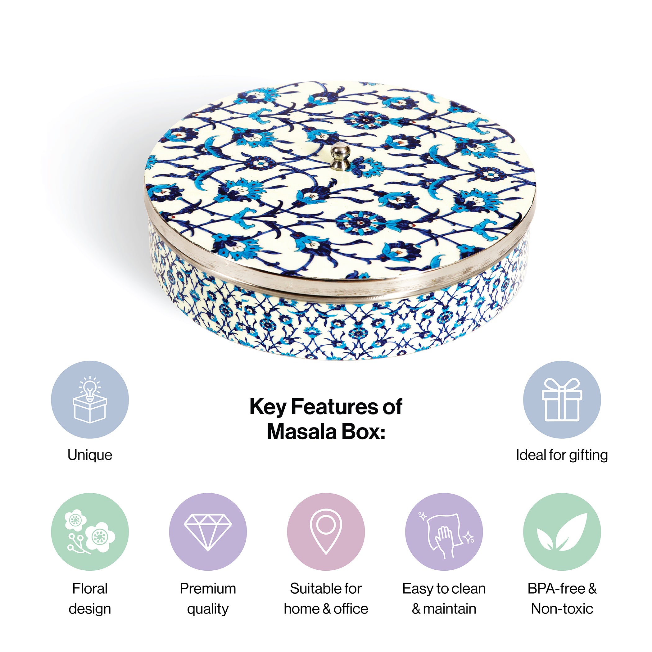 Stainless Steel Round Spice Box Masala Box Dabba for Kitchen Decor-Wild Floral Prints Pattern