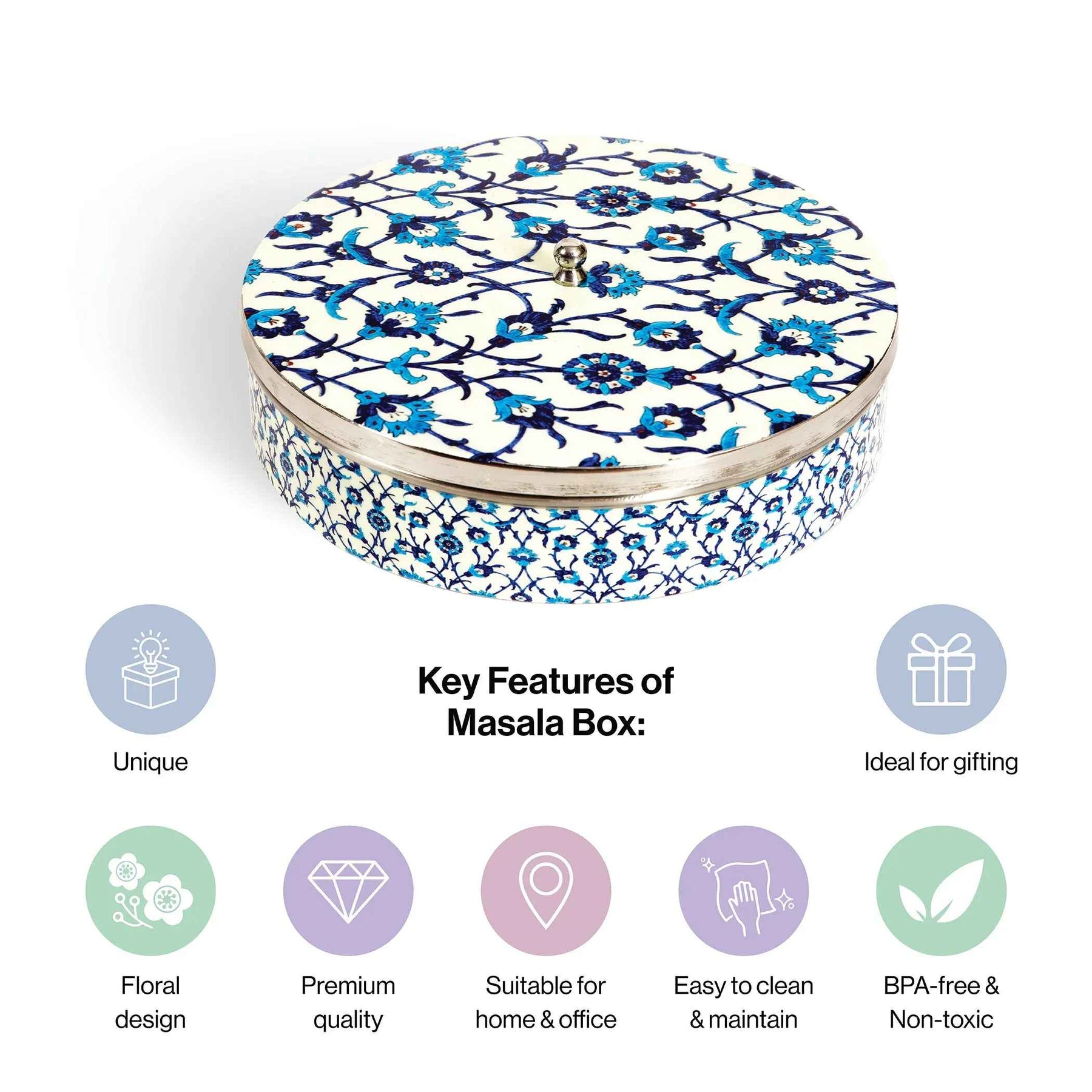 Premium Stainless Steel Masala Box (Spice Box) in Wildfloral Design