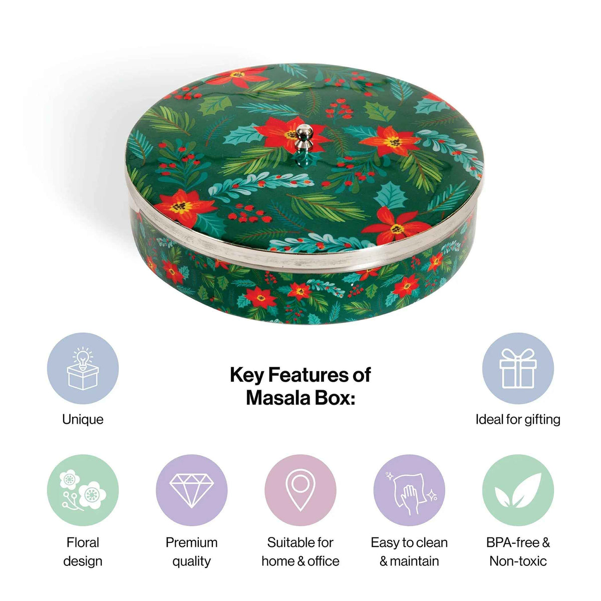 Premium Stainless Steel Masala Box (Spice Box) in Forest Bloom