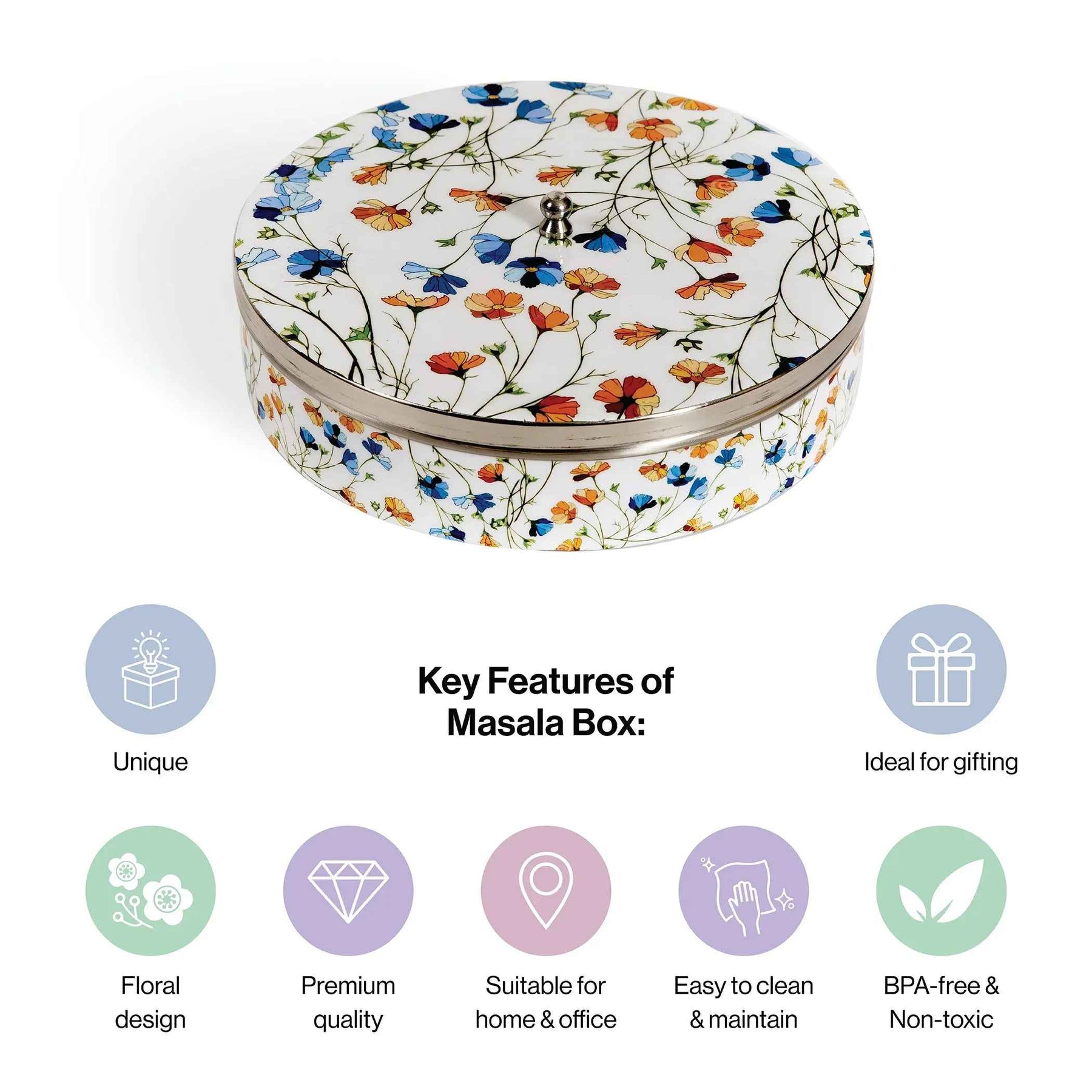 Premium Stainless Steel Masala Box (Spice Box) in Spring Blossom Design