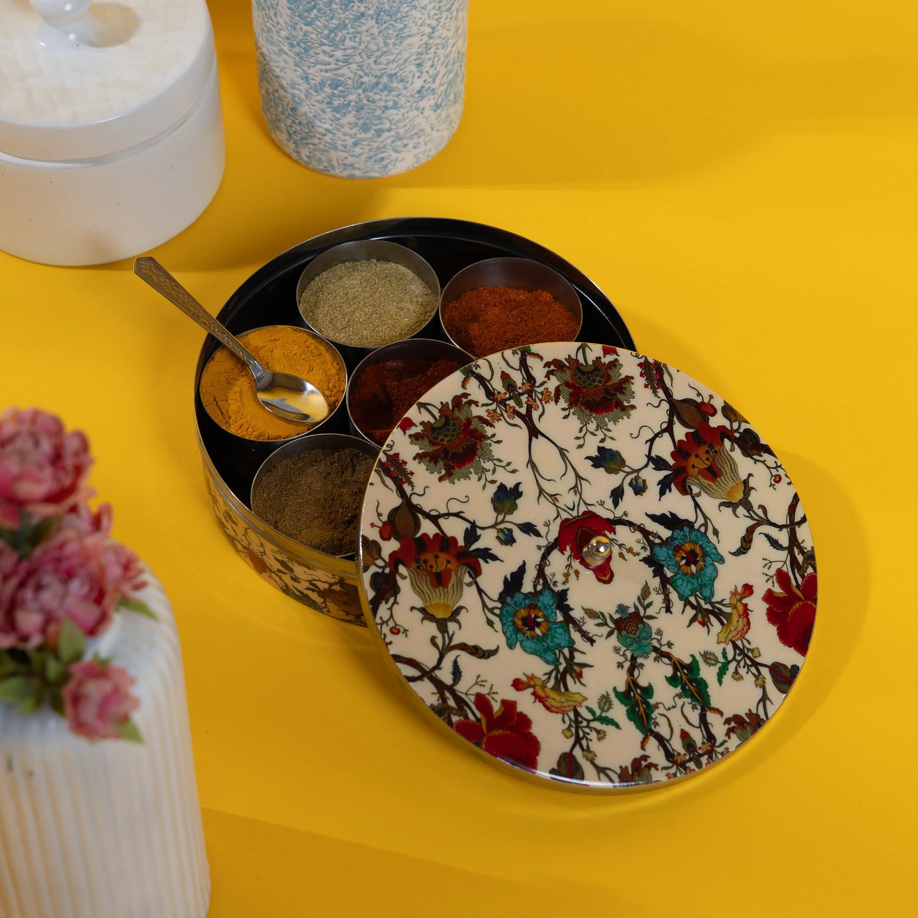 Stainless Steel Round Spice Box Masala Box Dabba for Kitchen Decor-Peach Floral Prints Pattern