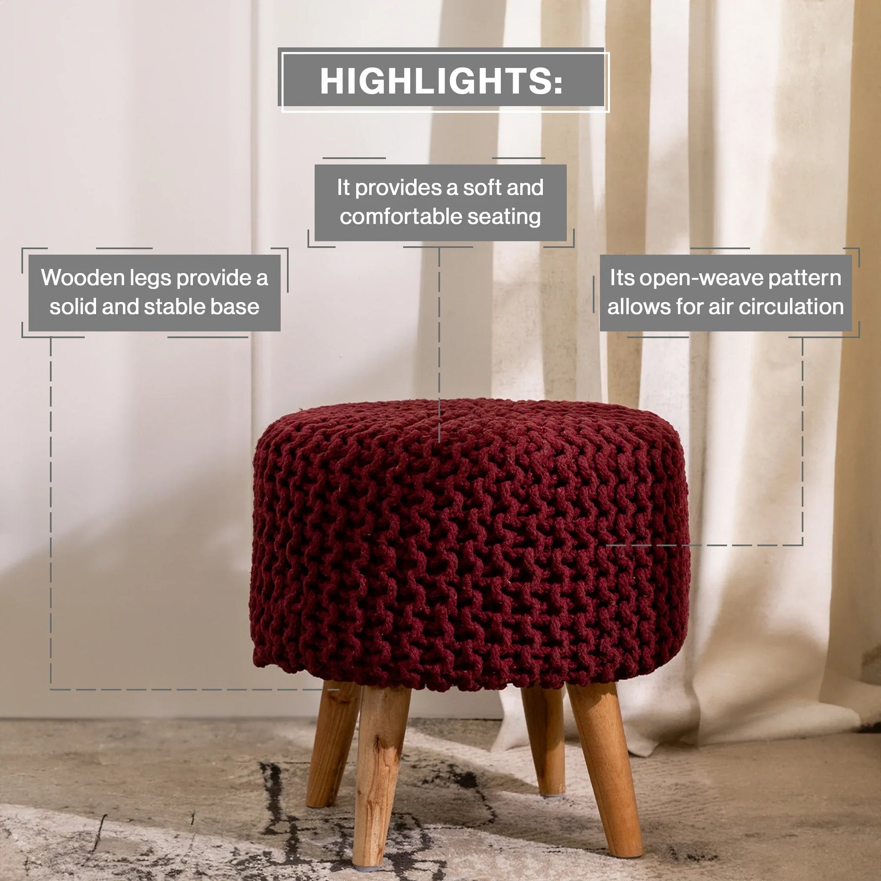 Pouffe Ottoman Dori Stool with Wooden Leg Set of 2 in Vintage Wine