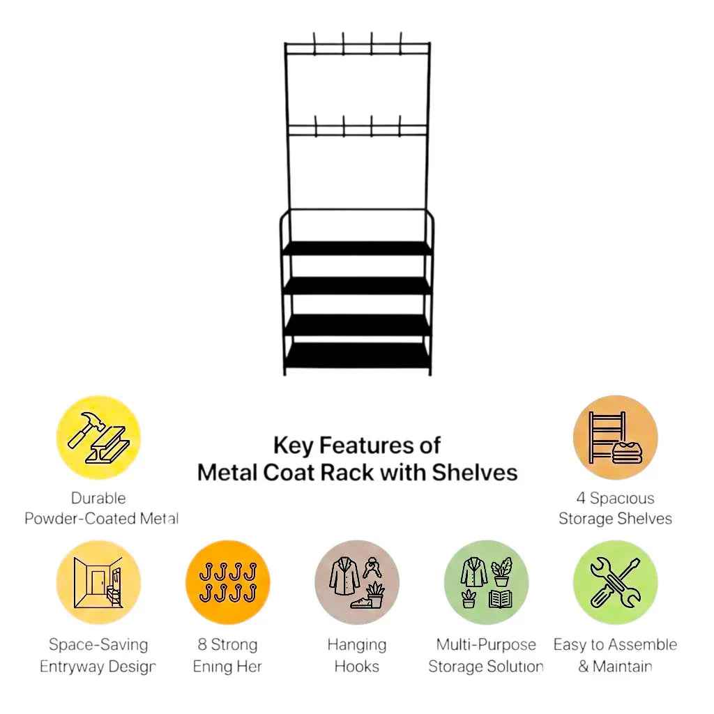 Metal coat rack with shelves and key features listed on a white background