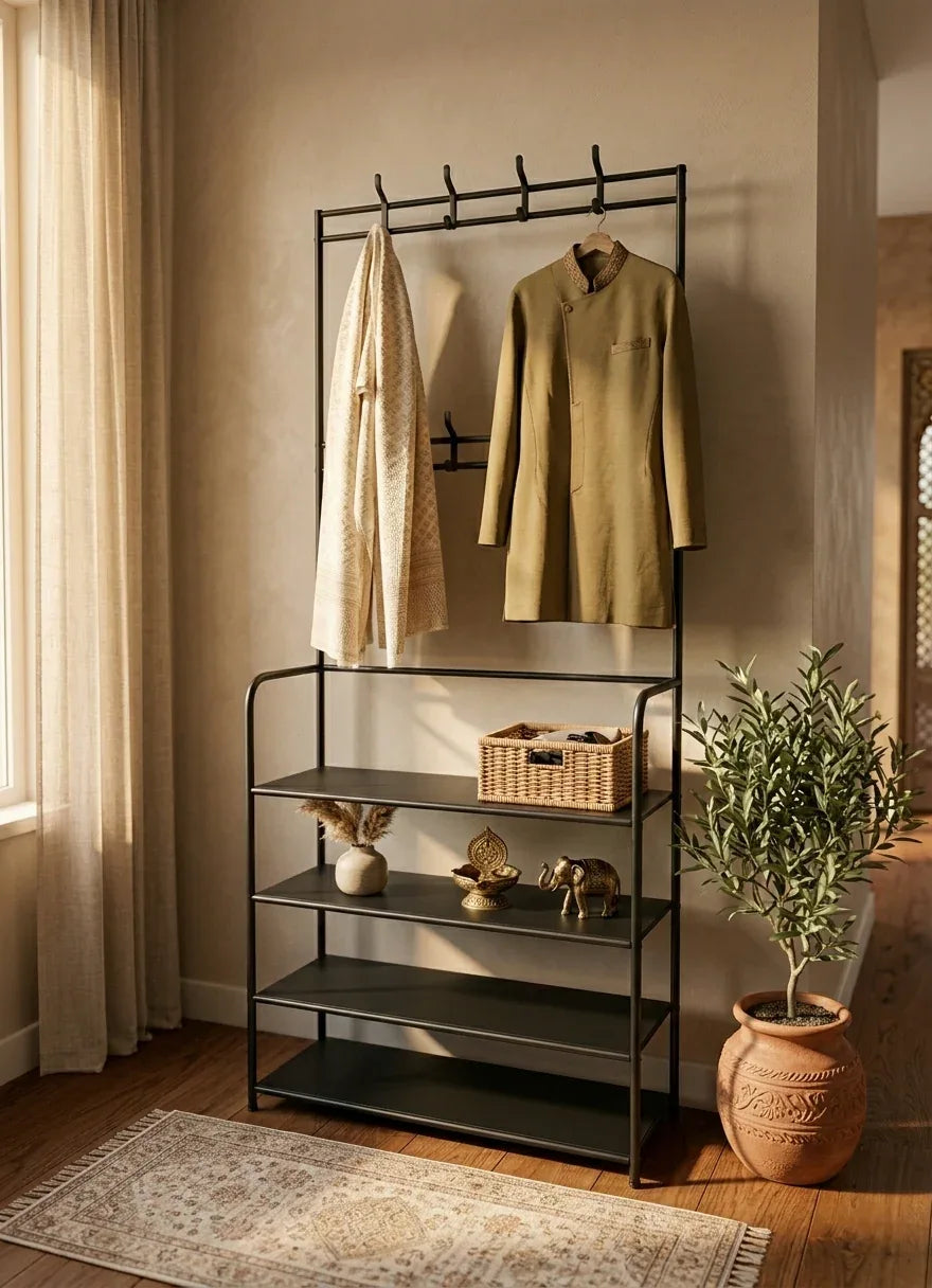 Clothing rack with clothes in a room with a plant and basket