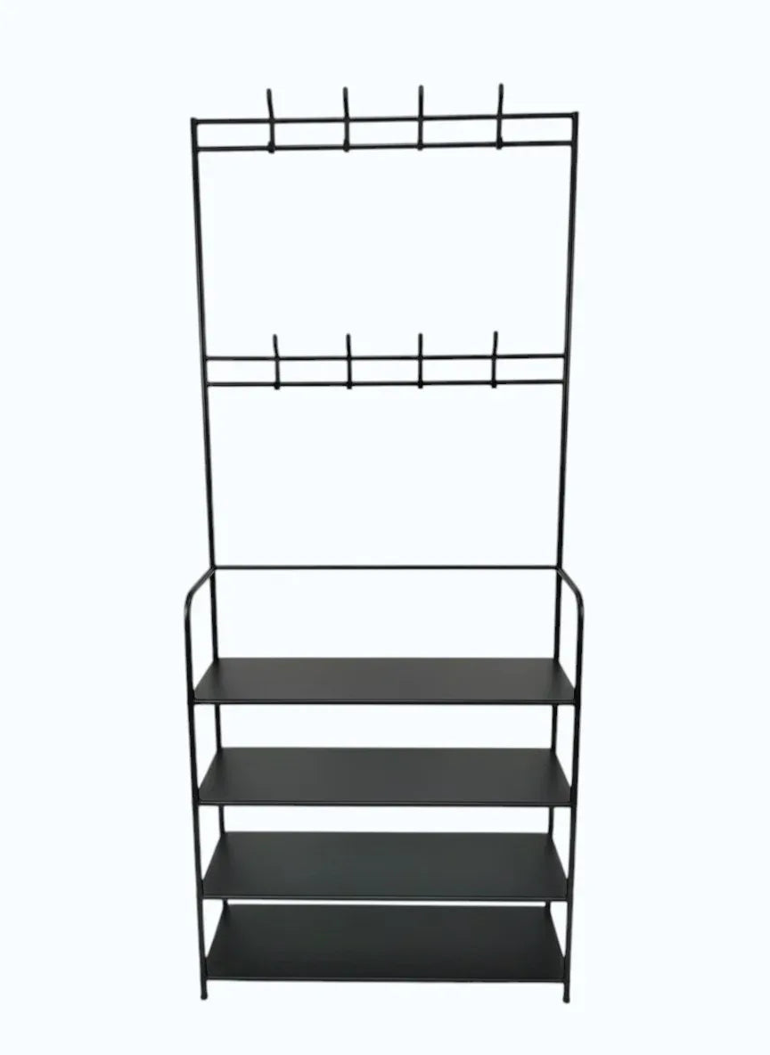 Black metal shelf with multiple levels on a white background