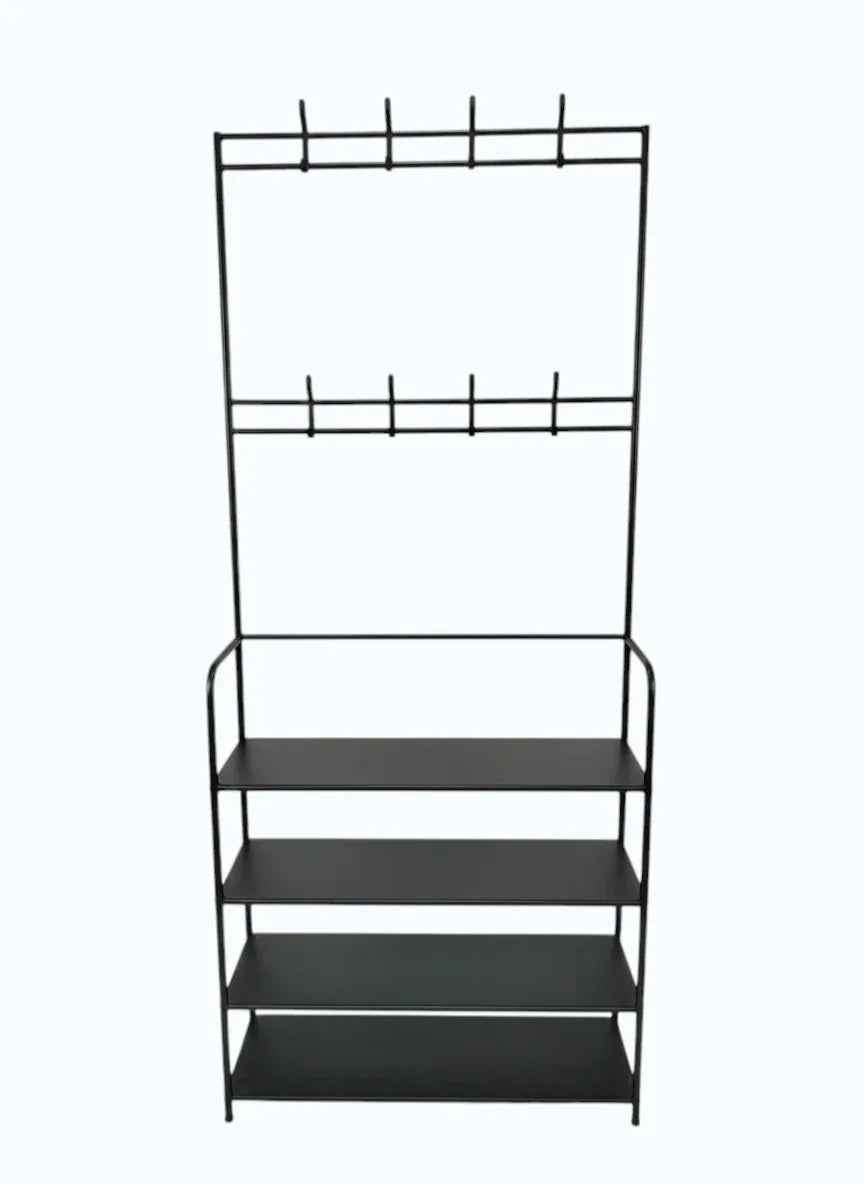 Black metal shelf with multiple levels on a white background