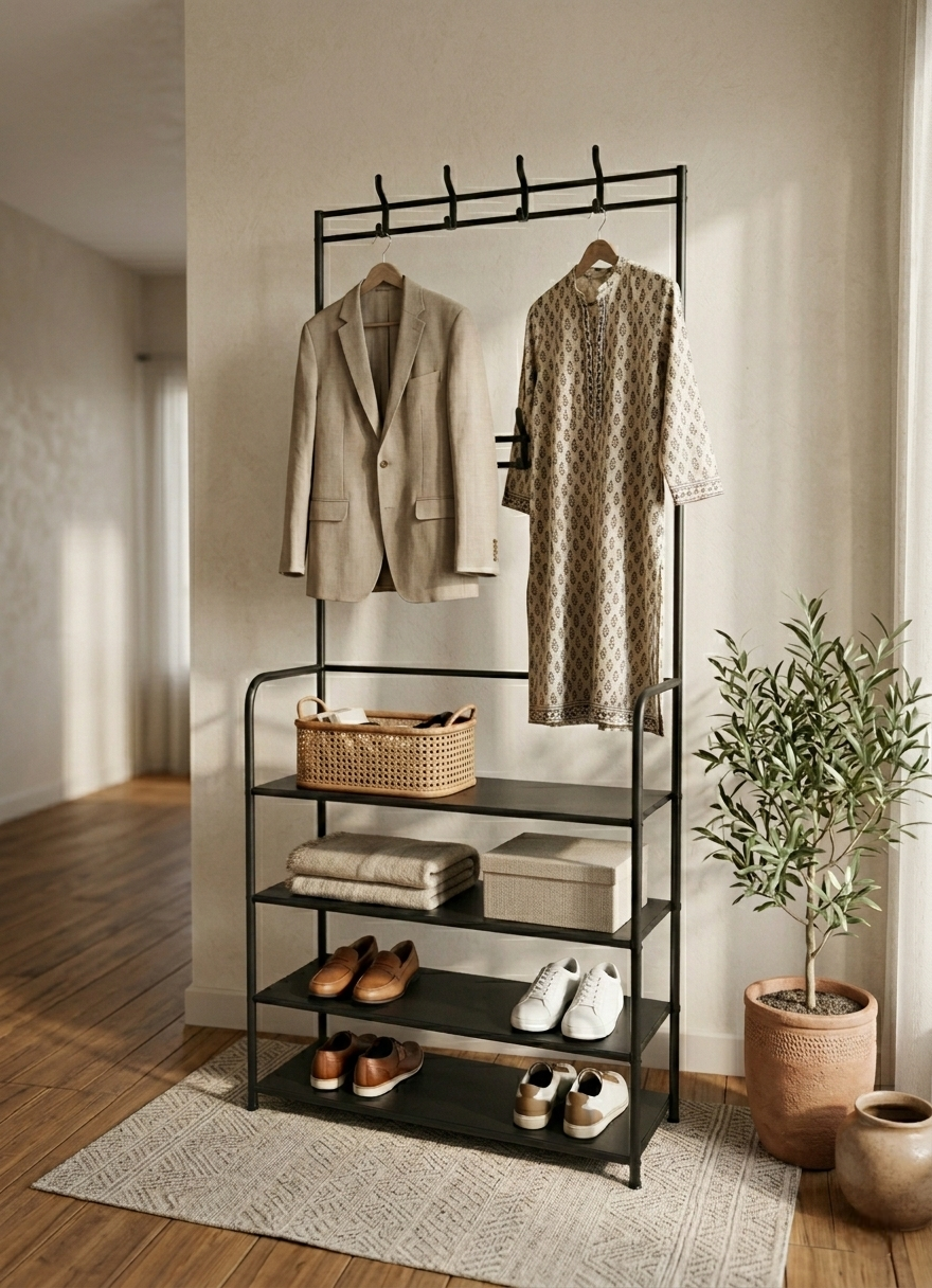 Black metal clothing rack with clothes and shoes in a room with a plant and rug.