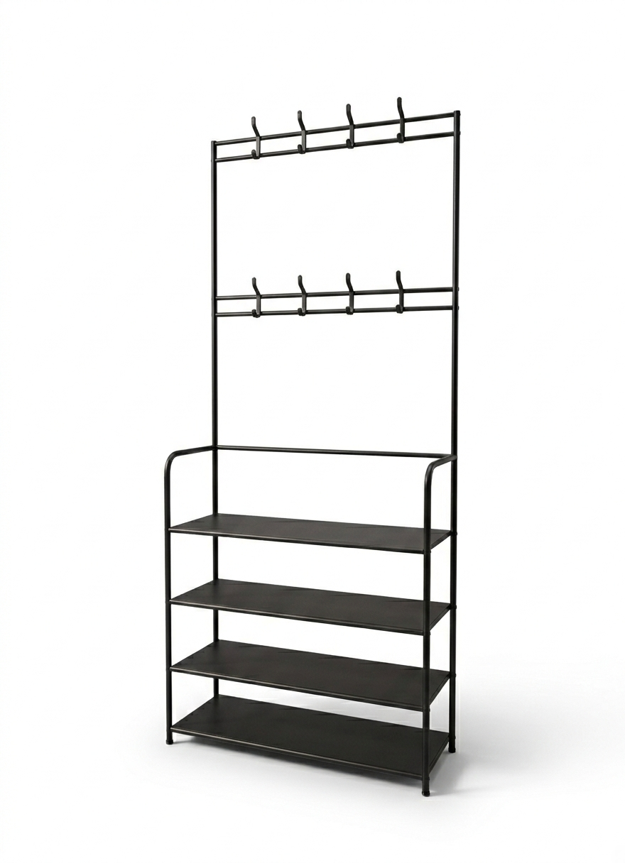 Black metal shelf with multiple shelves and hooks on a white background