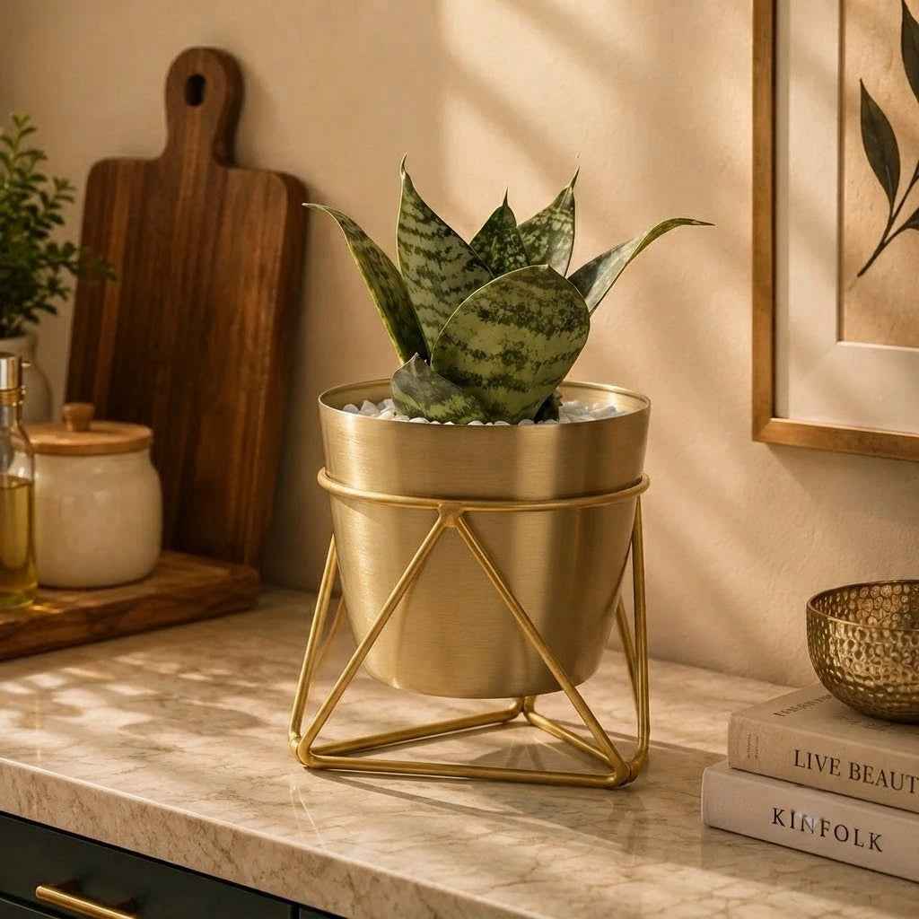 Metal Pots with Single Golden Metal Plant Stand in Sunlit Aura