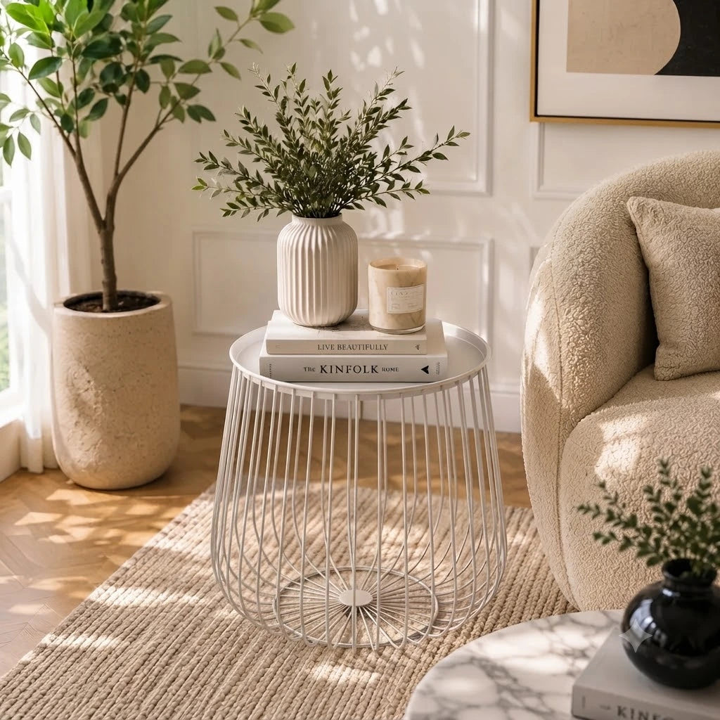 Metal Wire Round Side Table with Storage in White
