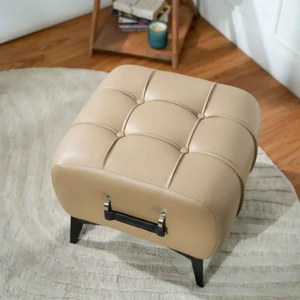 Modern Cream Leather Tufted Ottoman with Black Handle