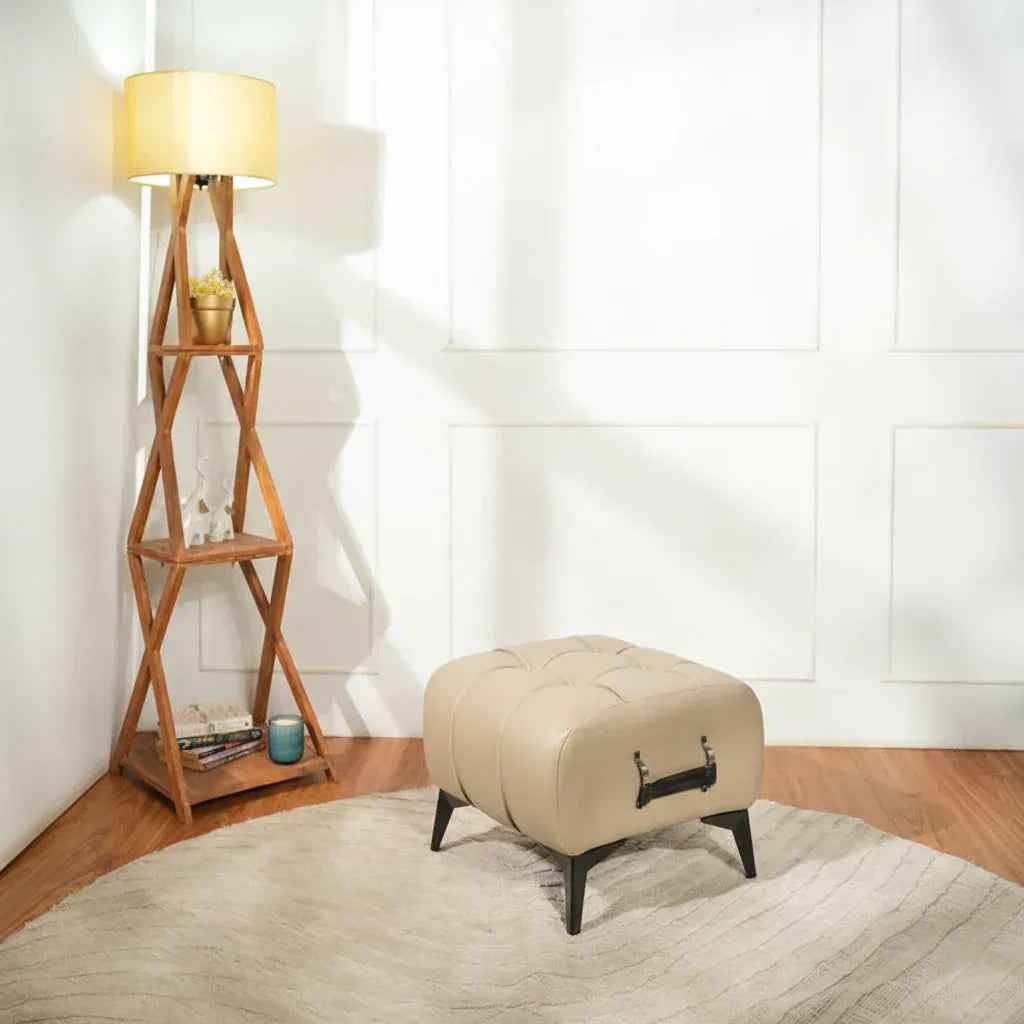 Modern Cream Leather Tufted Ottoman with Black Handle