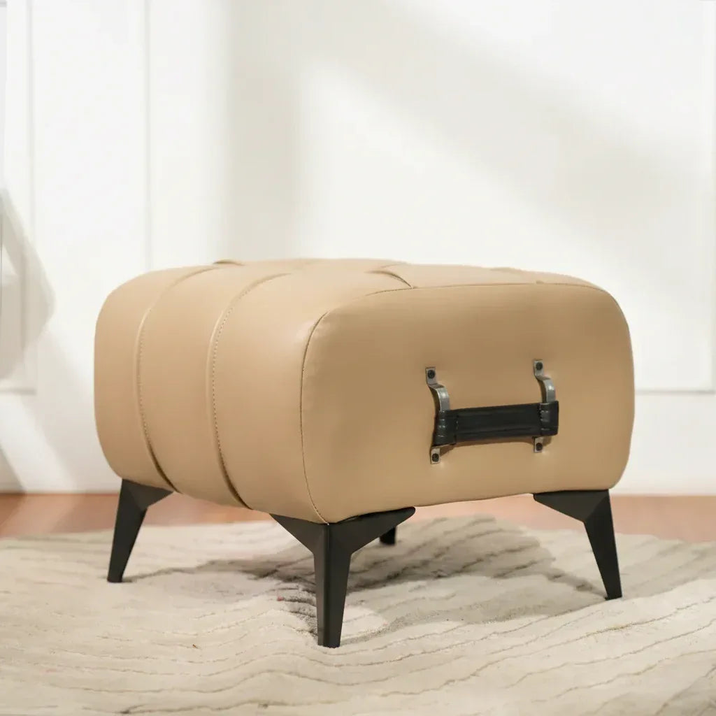 Modern Cream Leather Tufted Ottoman with Black Handle
