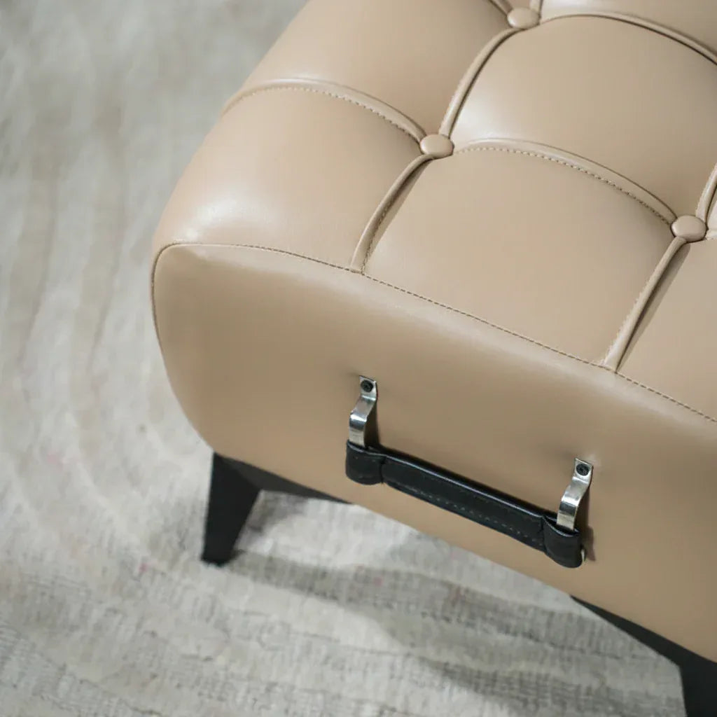 Modern Cream Leather Tufted Ottoman with Black Handle