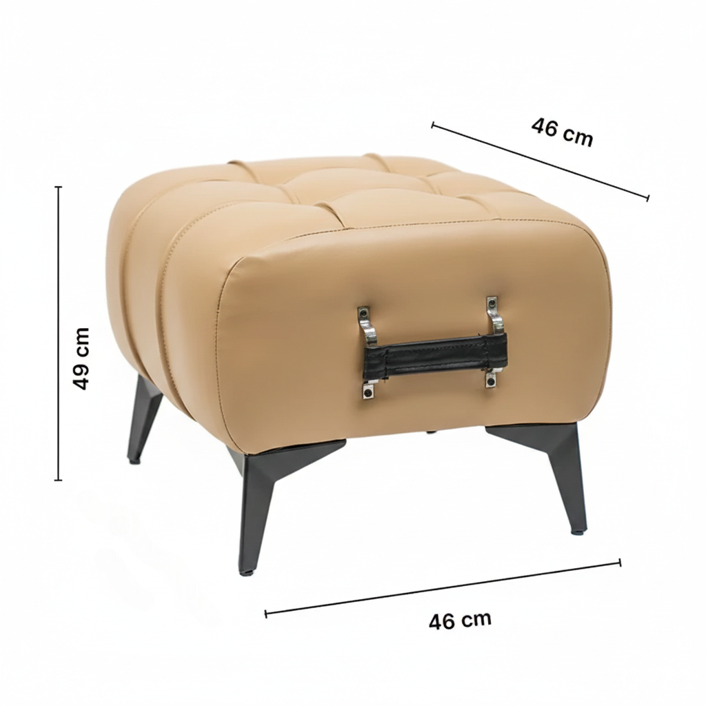 Modern Biege Leather Tufted Ottoman with Black Handle