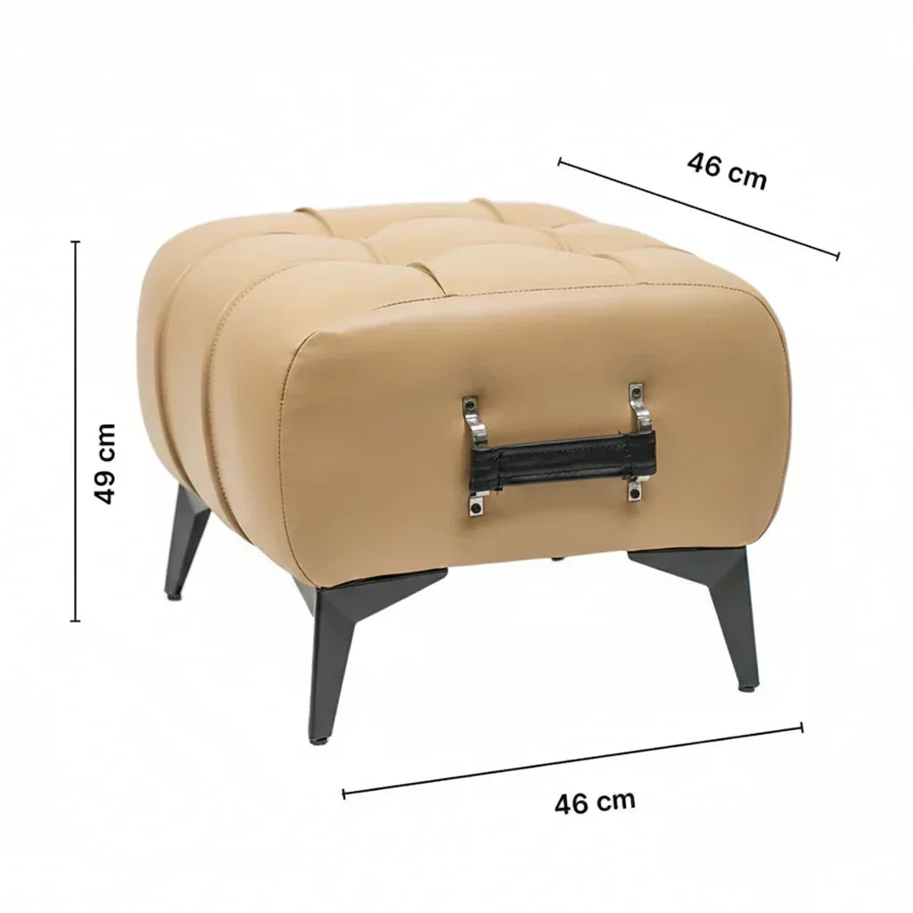 Modern Cream Leather Tufted Ottoman with Black Handle