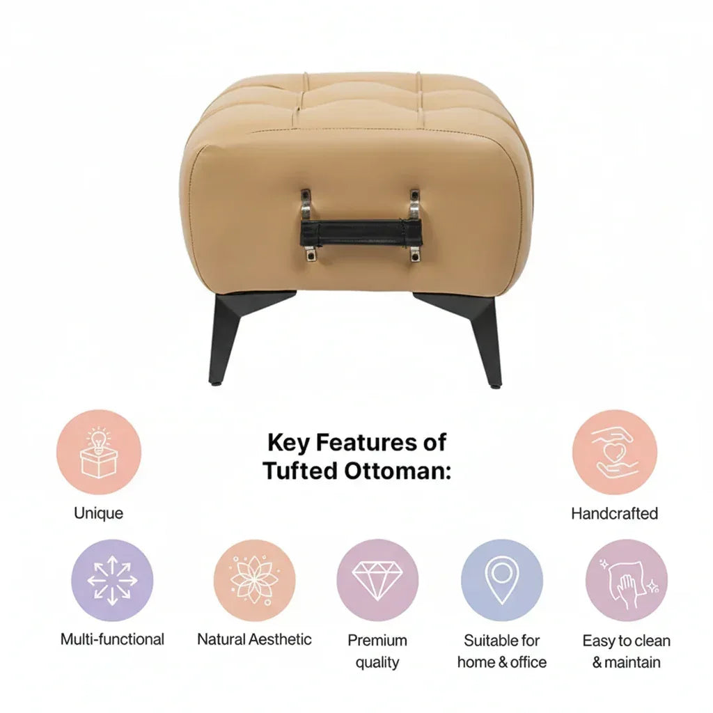 Modern Cream Leather Tufted Ottoman with Black Handle