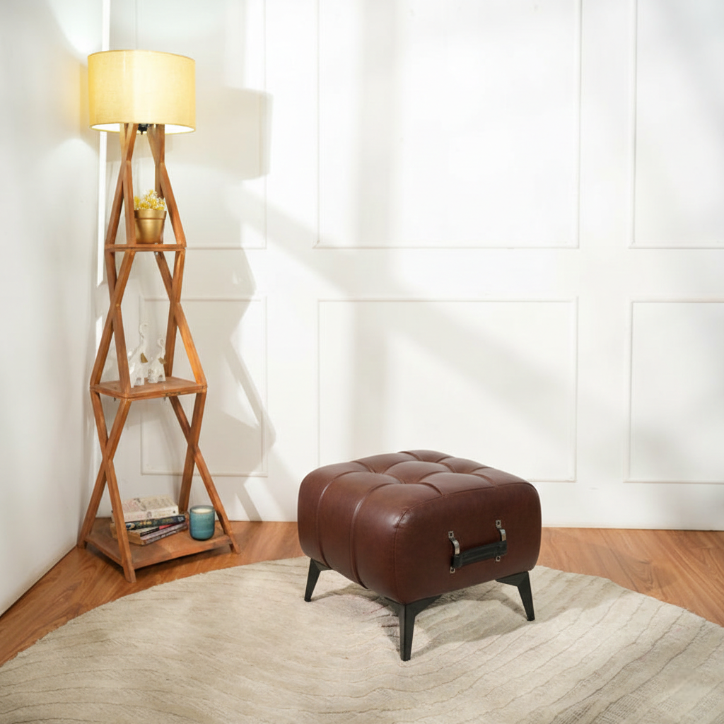 Modern Dark Brown Leather Tufted Ottoman with Black Handle