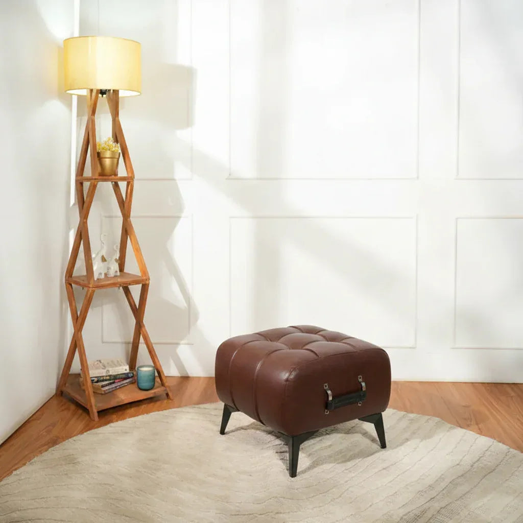 Modern Dark Brown Leather Tufted Ottoman with Black Handle