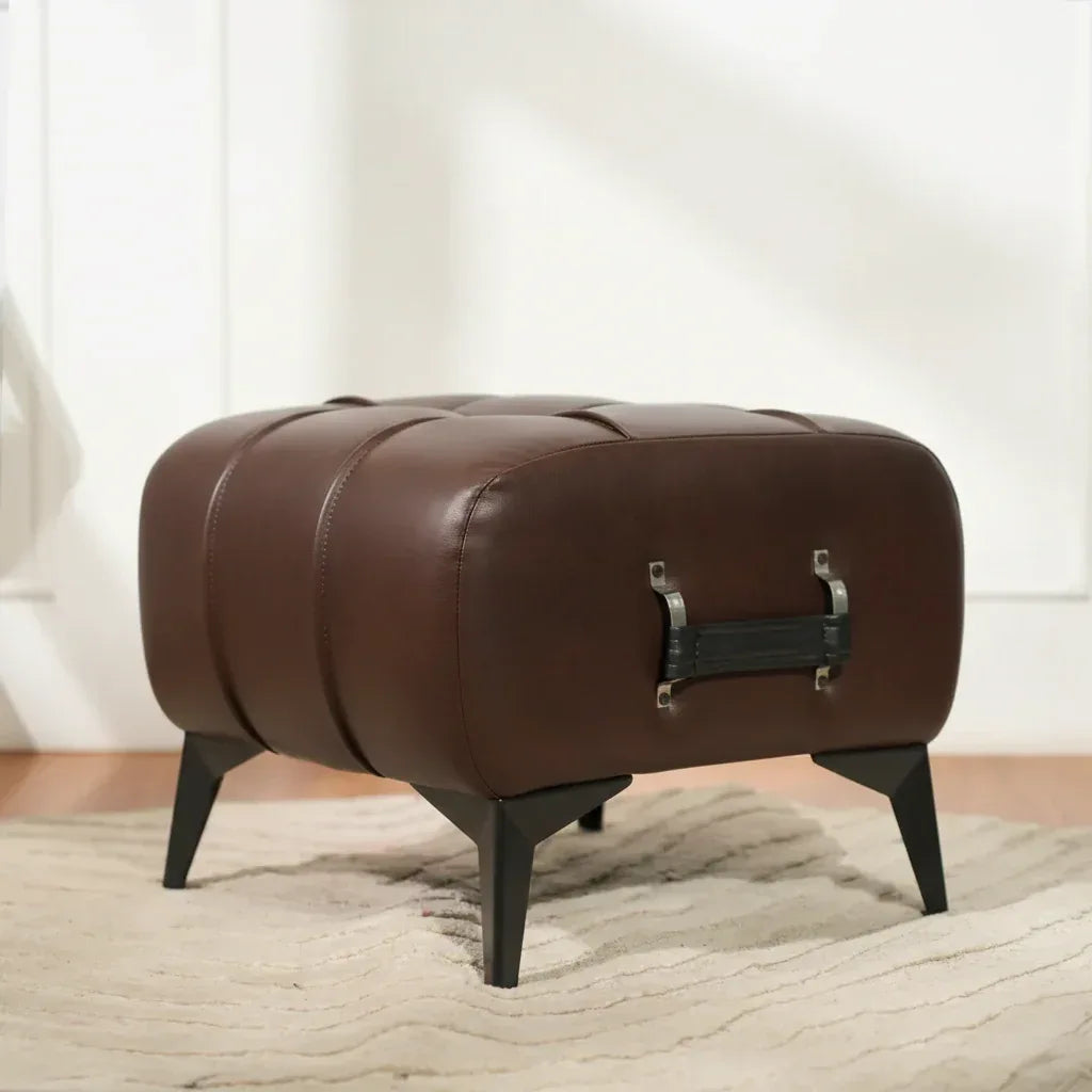 Modern Dark Brown Leather Tufted Ottoman with Black Handle