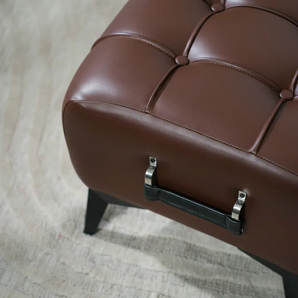 Modern Dark Brown Leather Tufted Ottoman with Black Handle
