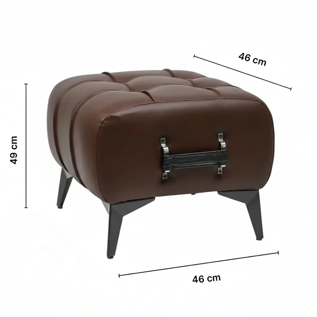 Modern Dark Brown Leather Tufted Ottoman with Black Handle