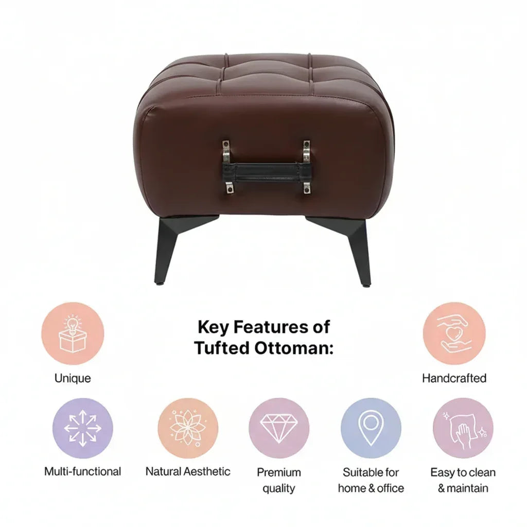 Modern Dark Brown Leather Tufted Ottoman with Black Handle
