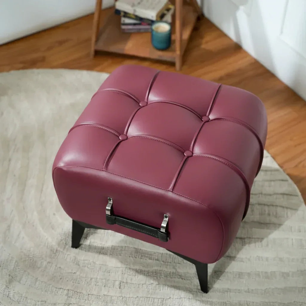 Modern Vintage Wine Leather Tufted Ottoman with Black Handle