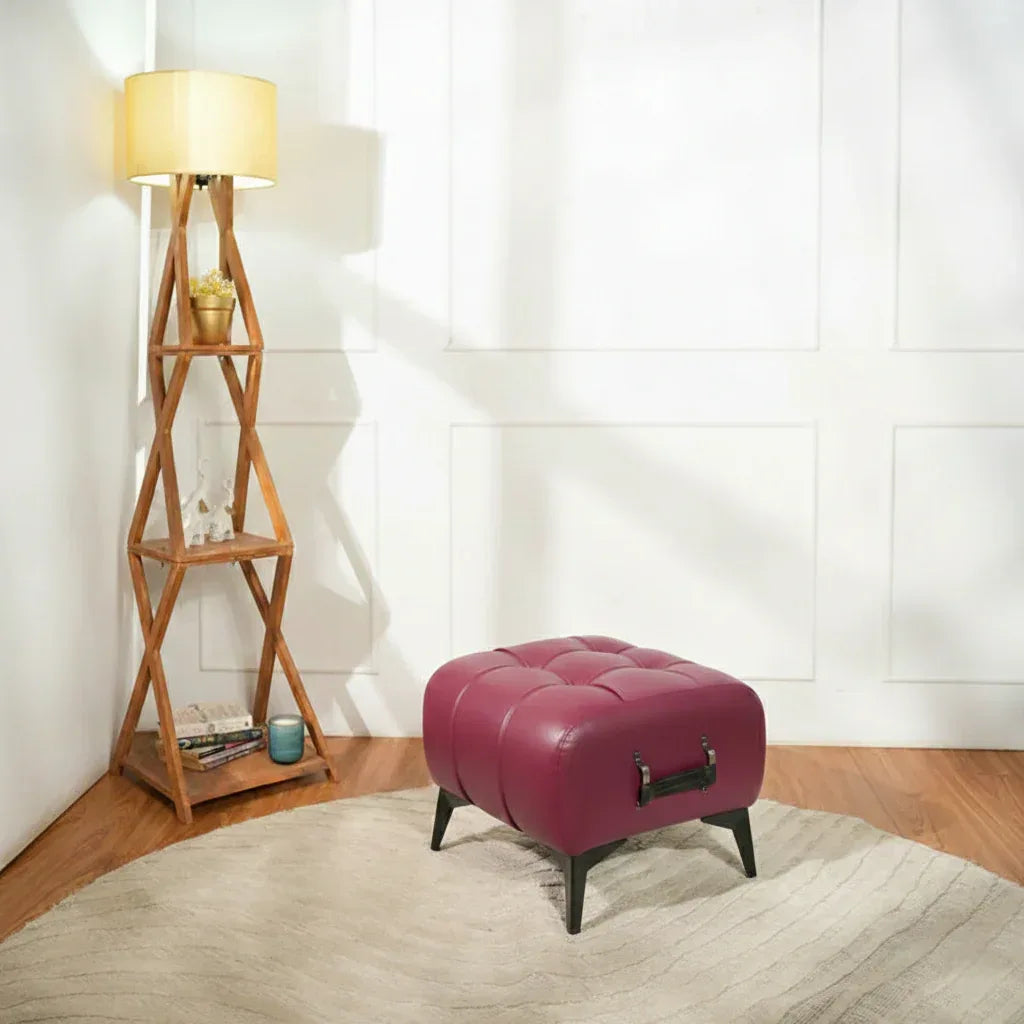 Modern Vintage Wine Leather Tufted Ottoman with Black Handle