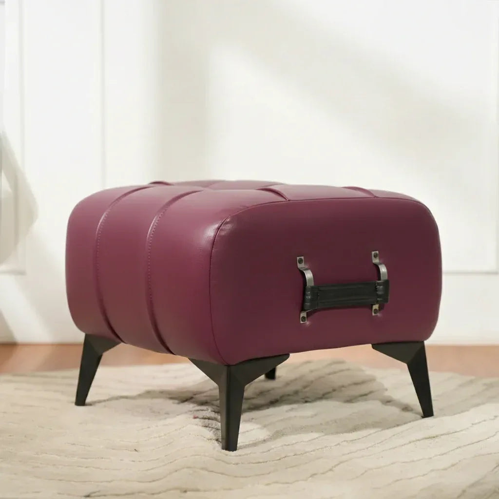 Modern Vintage Wine Leather Tufted Ottoman with Black Handle
