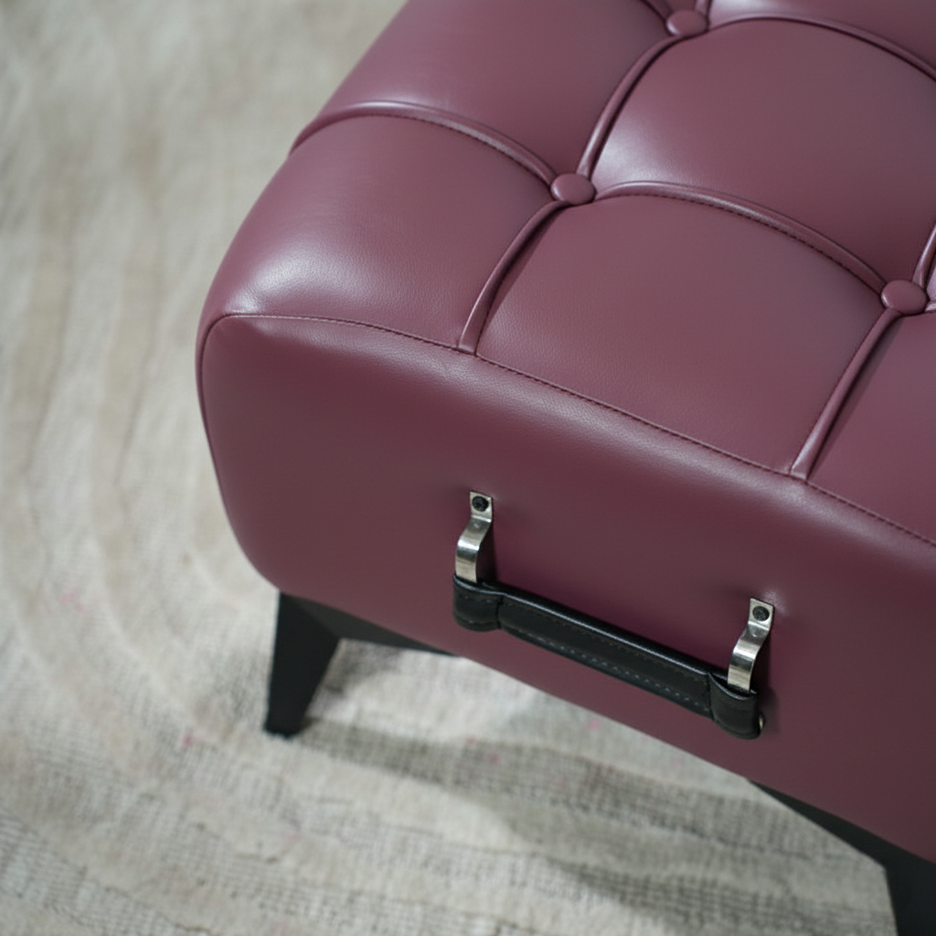 Modern Tufted Leather Ottoman with Handle