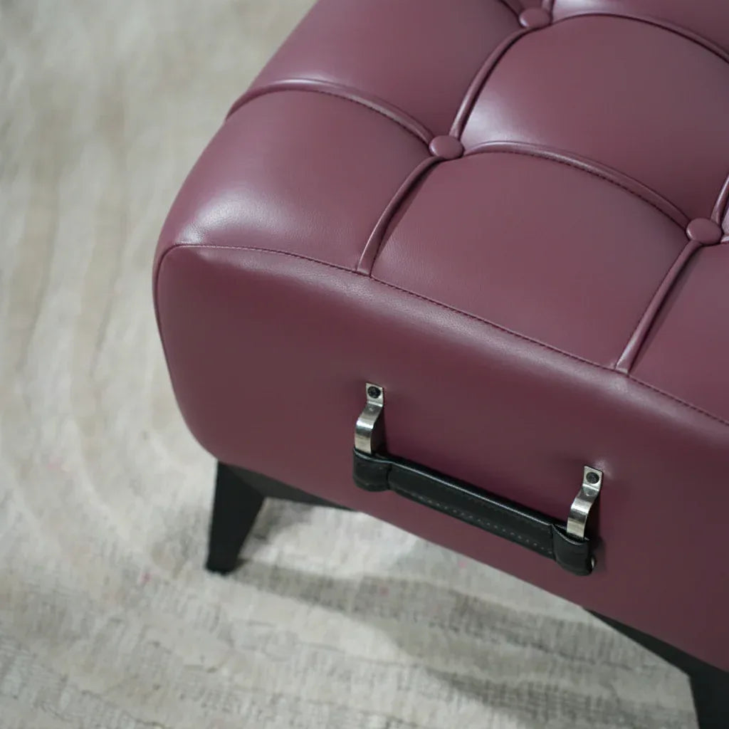 Modern Vintage Wine Leather Tufted Ottoman with Black Handle