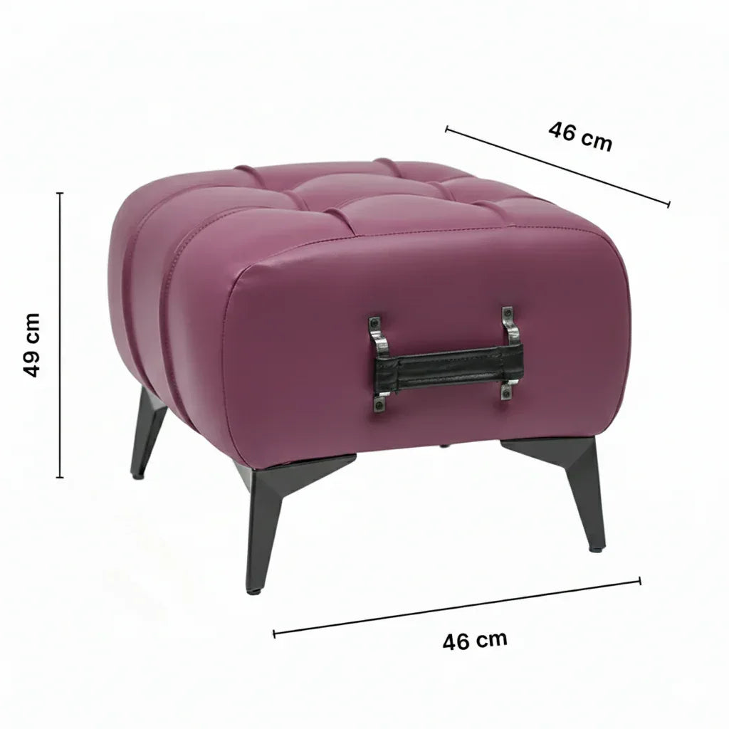 Modern Vintage Wine Leather Tufted Ottoman with Black Handle