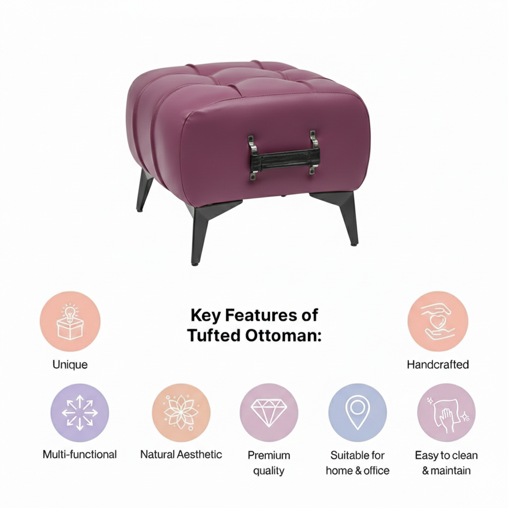 Modern Tufted Leather Ottoman with Handle