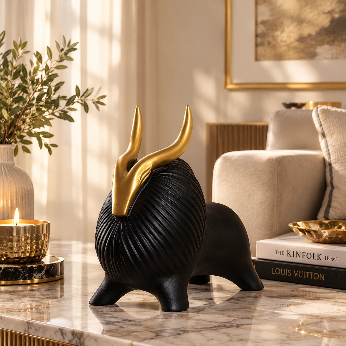 Modern Black Bull Sculpture with Gold Horns for Home Decor