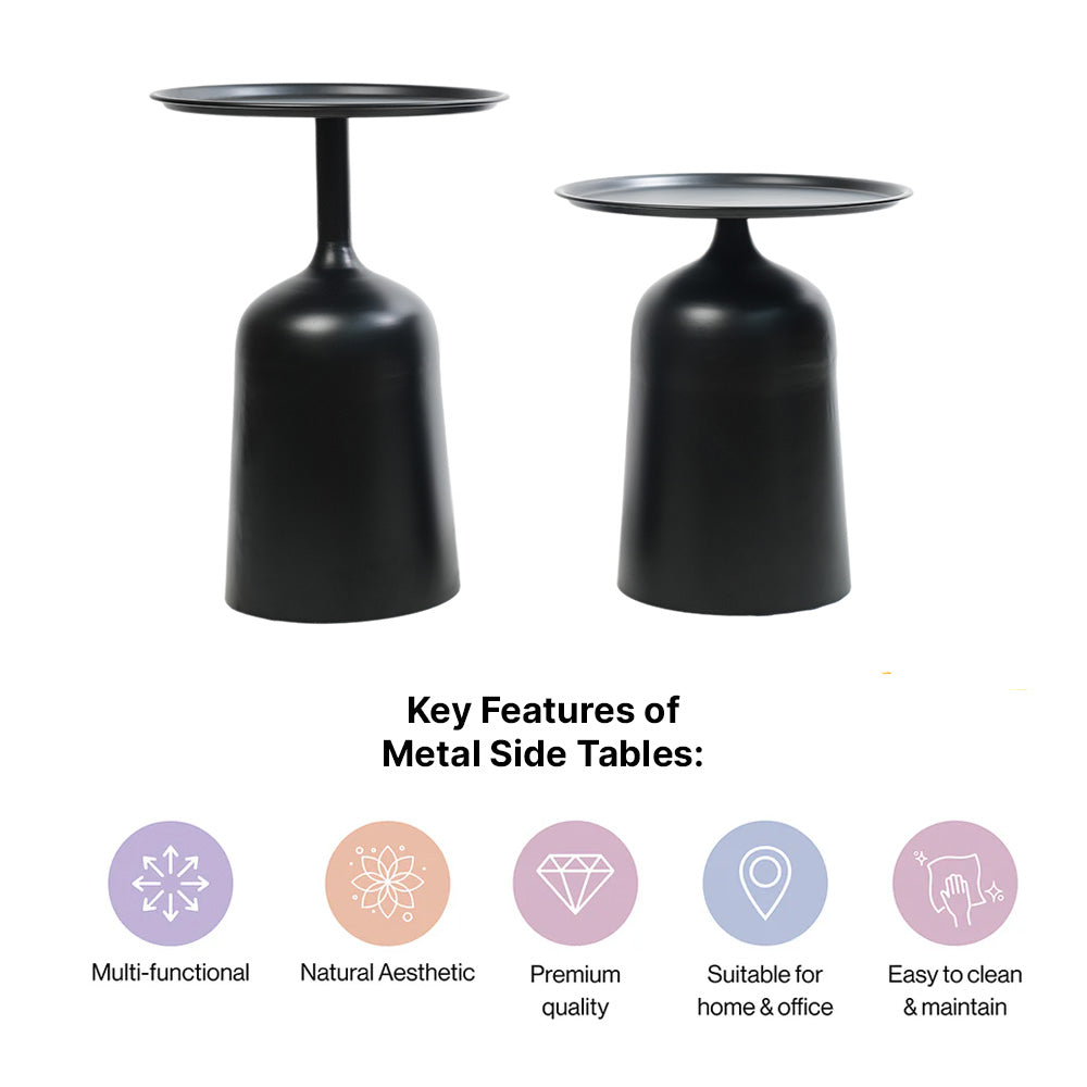Modern Black Metal Nesting Side Tables - Set of 2 with Tray Top