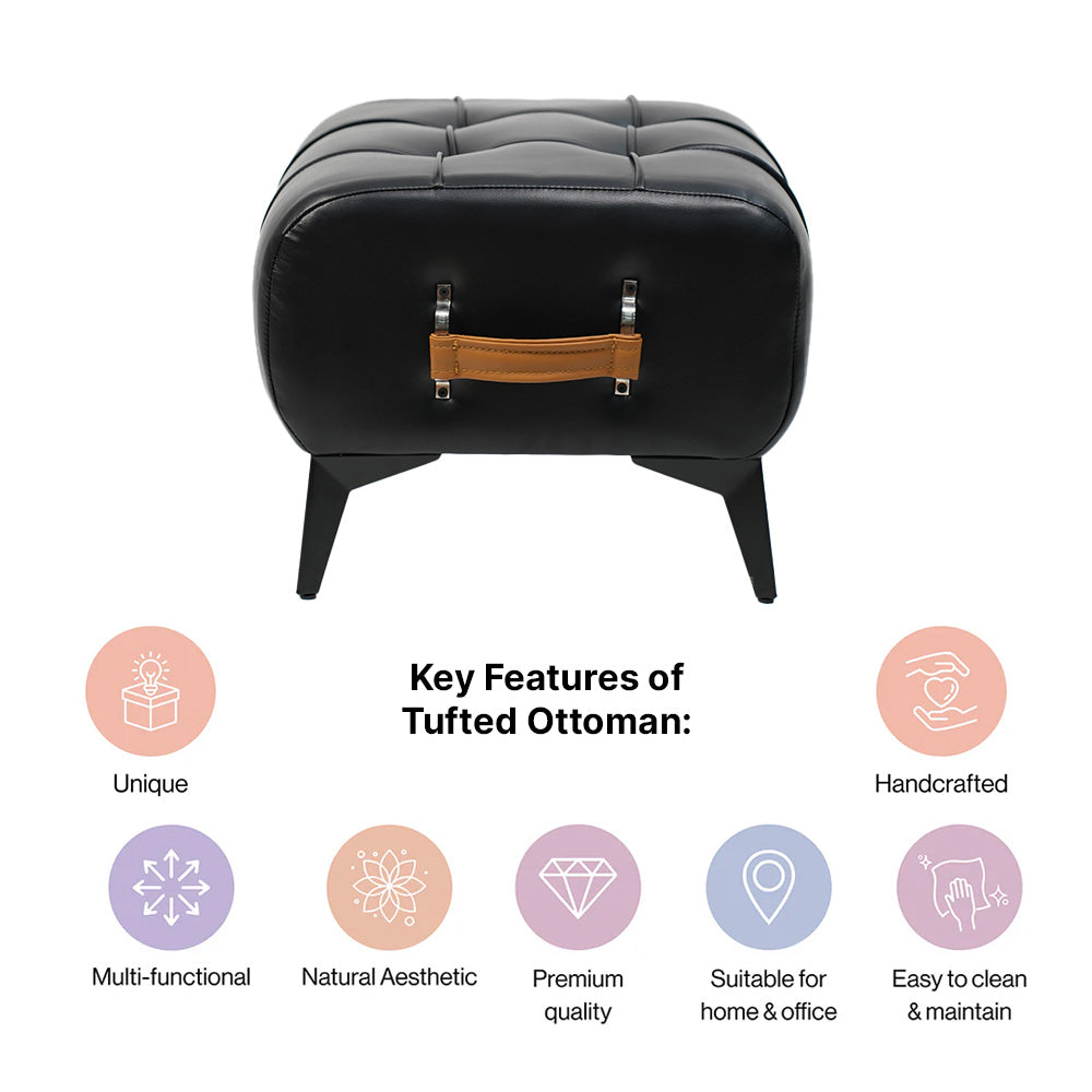 Modern Black Leather Tufted Ottoman with Golden Handle