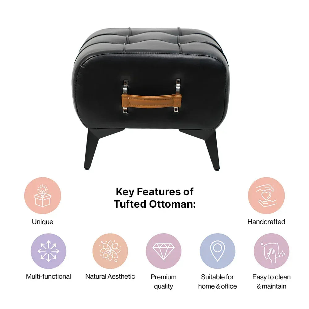 Modern Black Leather Tufted Ottoman with Golden Handle