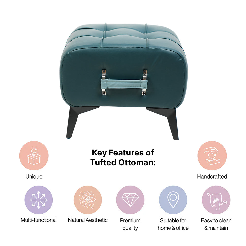 Modern Dark Blue Tufted Ottoman with Sky Blue Handle