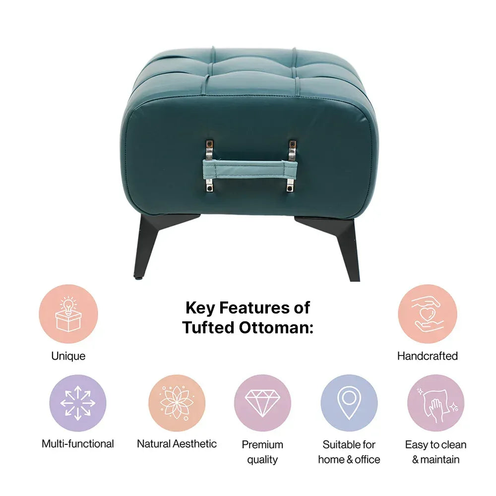 Modern Dark Blue Tufted Ottoman with Sky Blue Handle
