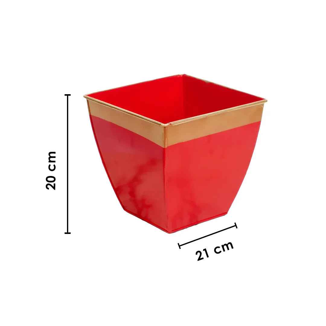 Modern Red Metal Planter with Golden Rim for Garden Decor