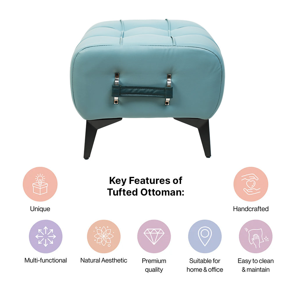 Modern Sky Blue Tufted Ottoman with Dark Blue Handle