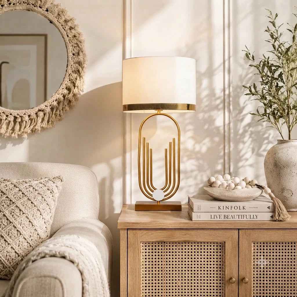 Modern Table Lamp with Gold Ring Shade for Living Room & Bedrooom