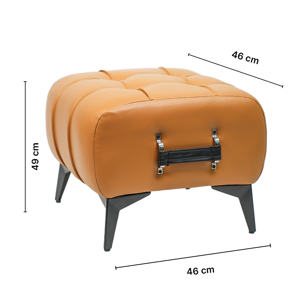 Modern Tan Leather Tufted Ottoman with Black Handle
