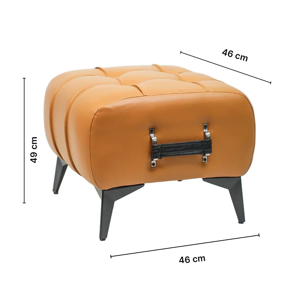 Modern Tan Leather Tufted Ottoman with Black Handle