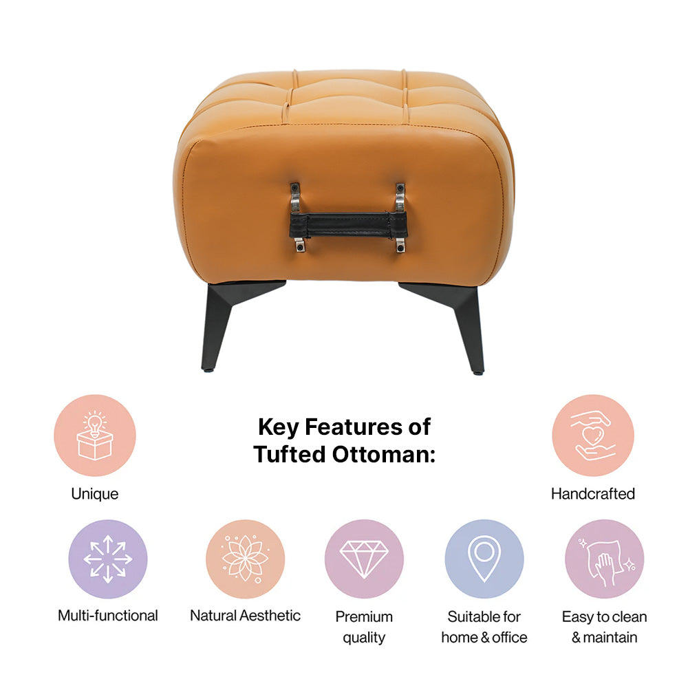 Modern Tan Leather Tufted Ottoman with Black Handle