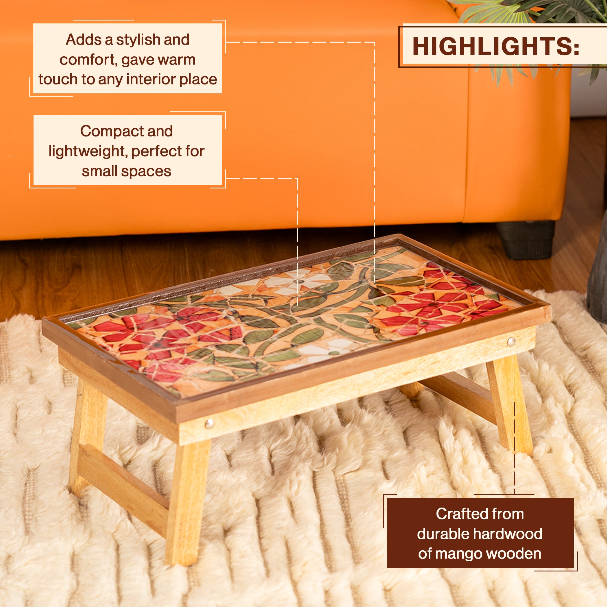 Mango Wood Handmade Fixed Mosaic Laptop Table with Epoxy Resin