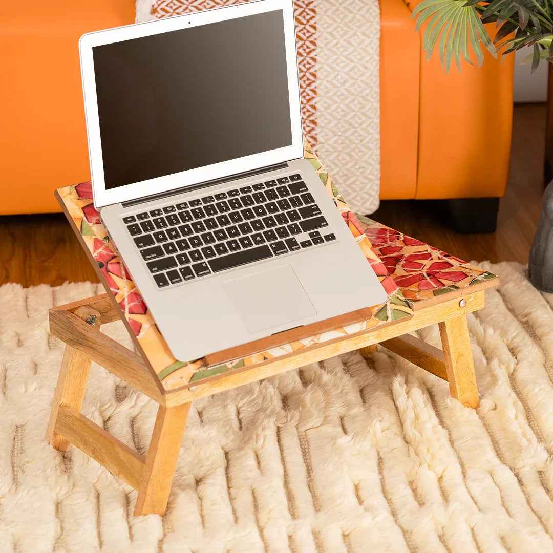 Mango Wood Handmade Folding Laptop Table in Yellow Mosaic with Epoxy Resin